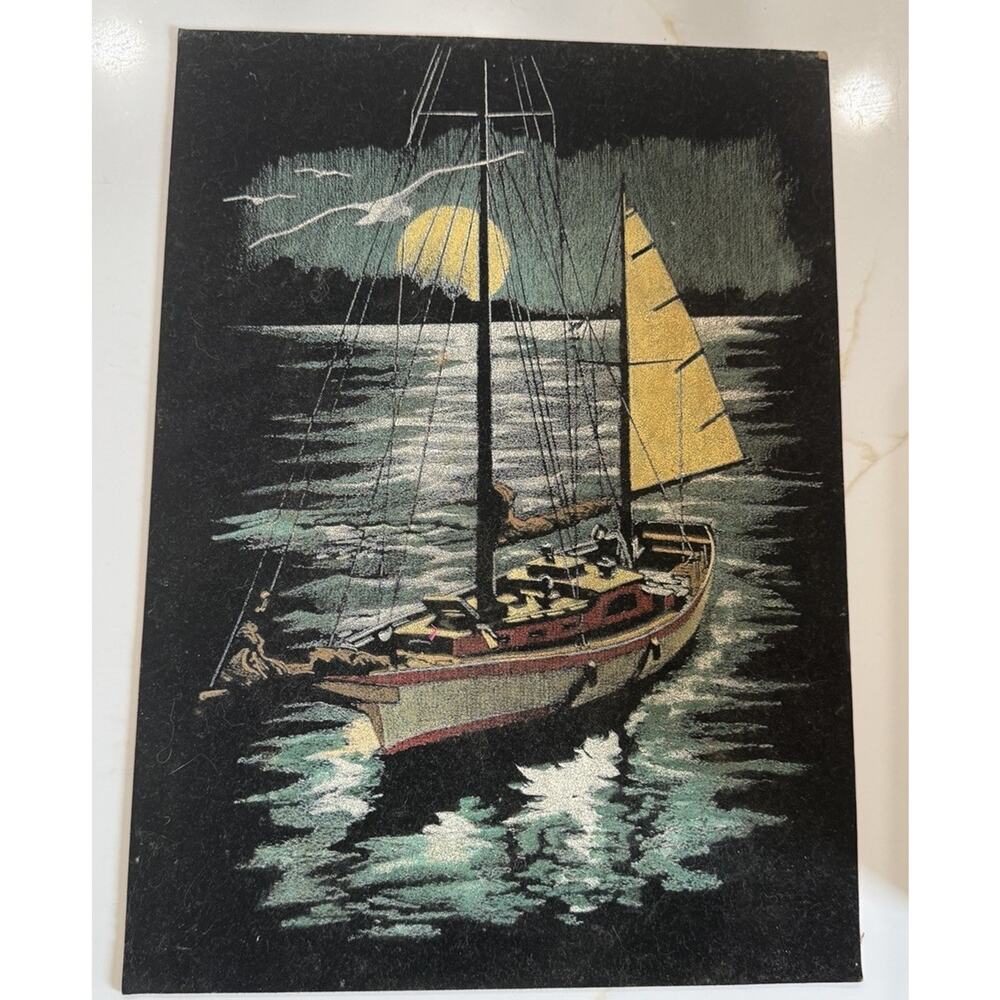 Vintage SAILBOAT Painting Velvet Board Seagull Moon Sailing Ocean Nautical 13x10